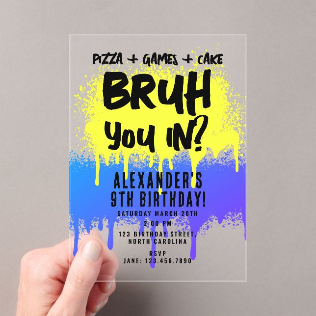Bruh Boy's Birthday Neon Graffiti Yellow Blue Acrylic Invitations (Insitu (Handheld))