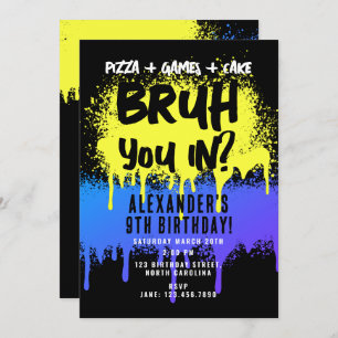 Bruh Boy's Birthday Neon Graffiti Yellow Blue Invitation