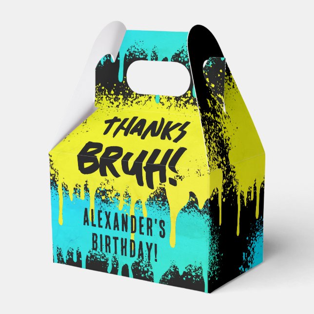 Bruh Boy's Birthday Neon Graffiti Yellow Teal Favor Boxes (Front Side)