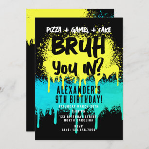 Bruh Boy's Birthday Neon Graffiti Yellow Teal Invitation