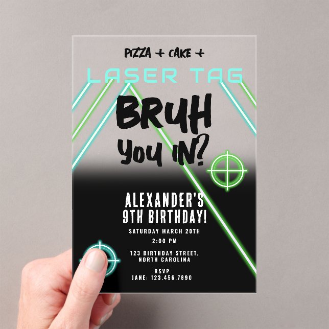 Bruh Boy's Birthday Neon Laser Tag Acrylic Invitations (Insitu (Handheld))