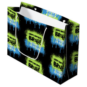 Bruh Boy's Birthday Party Neon Graffiti Green Blue Large Gift Bag