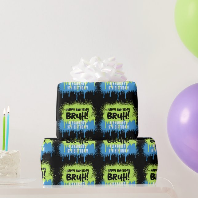 Bruh Boy's Birthday Party Neon Graffiti Green Blue Wrapping Paper (Party Gifts)