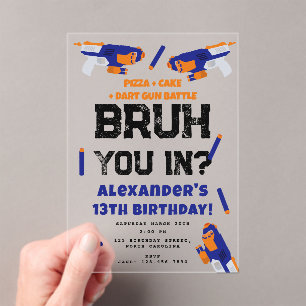 Bruh Boy's Birthday Party Teenager Dart Gun Battle Acrylic Invitations