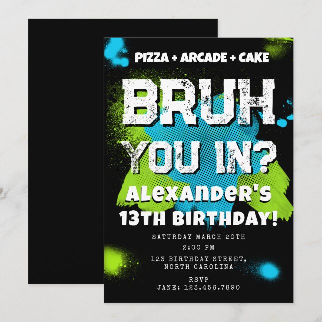 Bruh Boy's Birthday Party Teenager Teen Boy Neon Invitation (Front/Back)