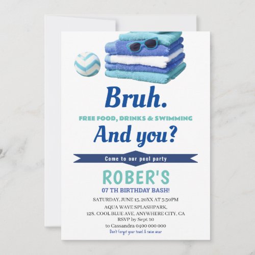BRUH Boys Blue Pool Party Birthday Invitation