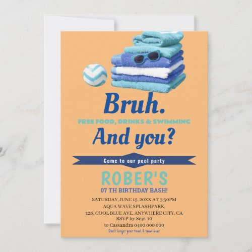 BRUH Boys Blue Pool Party Birthday Invitation