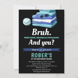 BRUH Boys Blue Pool Party Birthday Invitation