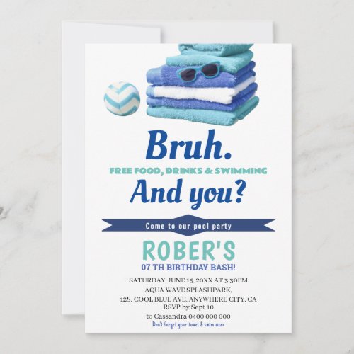 BRUH Boys Blue Pool Party Birthday Invitation