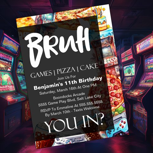 Bruh Boys Games Cake Pizza Birthday Invitation