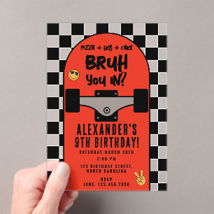 Bruh Boy's Skateboarding Checkered Birthday Party Acrylic Invitations