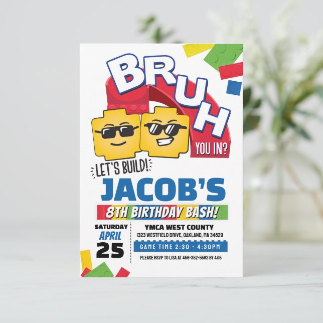 Bruh Building Block Birthday Invitation (Standing Front)