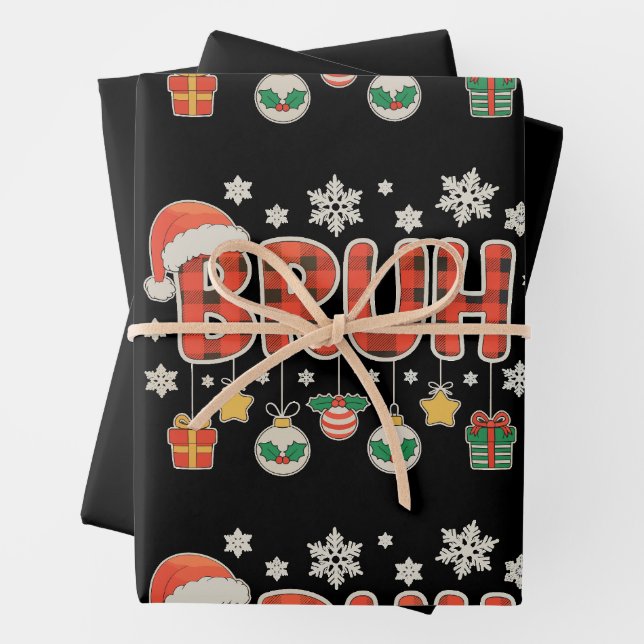 Bruh Christmas Red Plaid Xmas Matching Family Wrapping Paper Sheets (In situ)