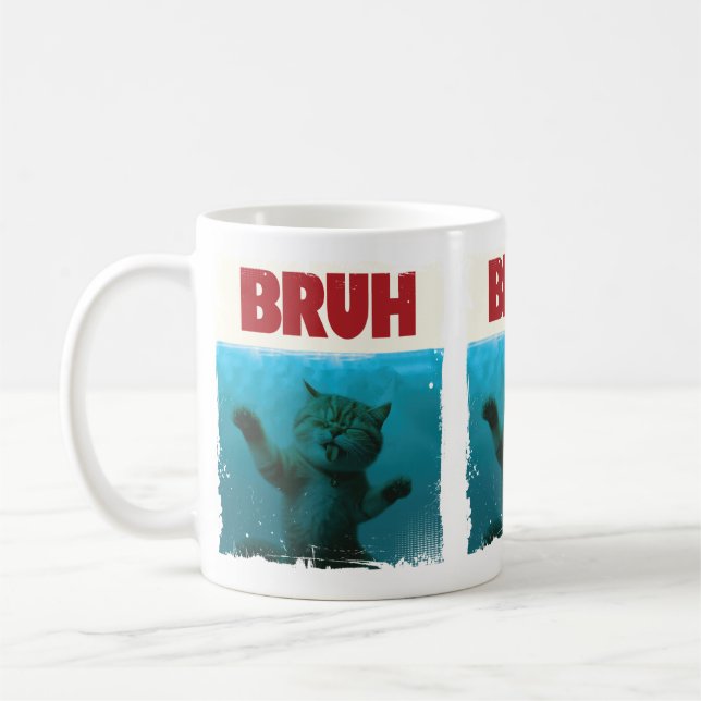 BRUH Funny Cat Grumpy Underwater Kitty Cat Lovers Coffee Mug (Left)