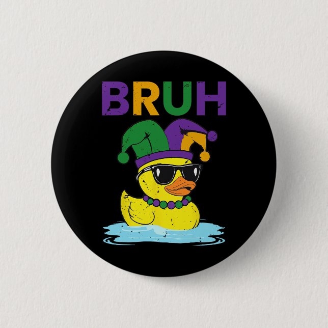 Bruh Funny Duck Mardi Gras Rubber Duck With Jester Button (Front)