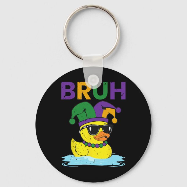 Bruh Funny Duck Mardi Gras Rubber Duck With Jester Keychain (Front)