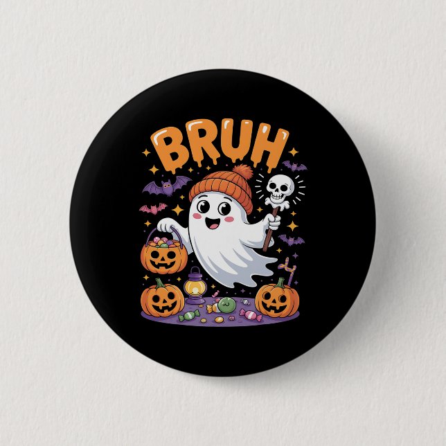 Bruh Ghost Halloween Candy Cute Ghost Kids  Button (Front)