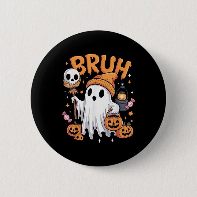 Bruh Ghost Halloween Cute Ghost Trick Or Treat Can Button (Front)