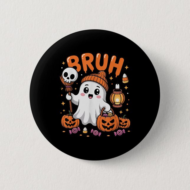 Bruh Ghost Halloween Cute Ghost Trick Or Treat Can Button (Front)