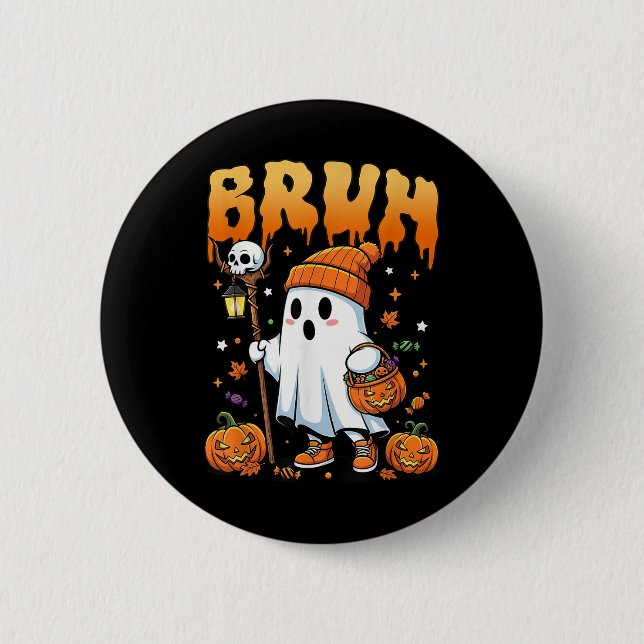 Bruh Ghost Halloween Cute Ghost Trick Or Treat Can Button (Front)