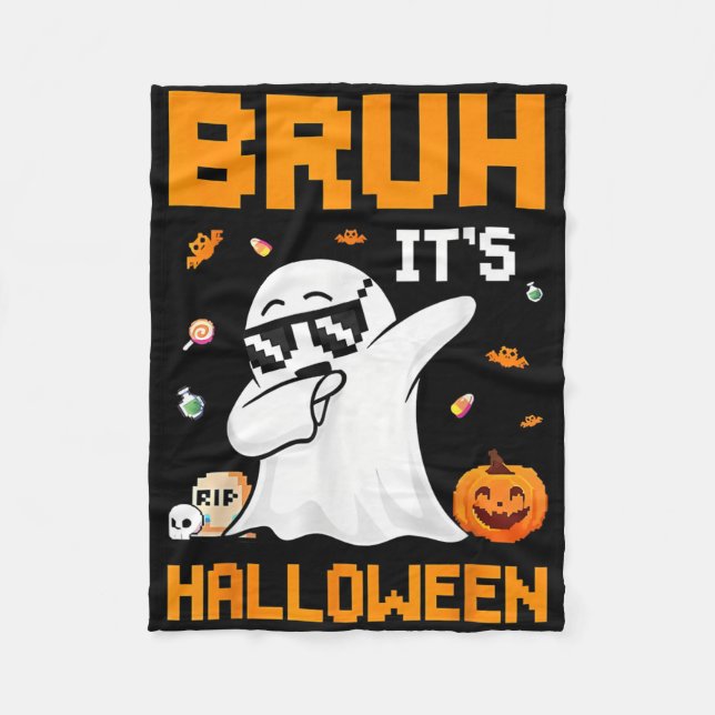 Bruh Ghost Halloween Cute Ghost Trick Or Treat Can Fleece Blanket (Front)
