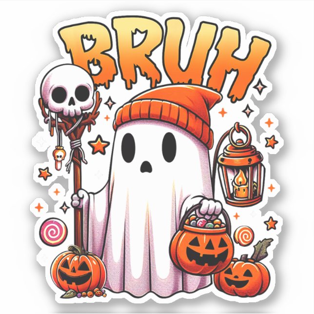 Bruh Ghost Halloween Cute Ghost Trick Or Treat Sticker (Front)