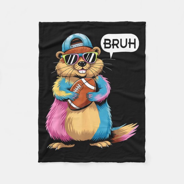 Bruh Groundhog Holding Football Game Day Funny Spo Fleece Blanket (Front)