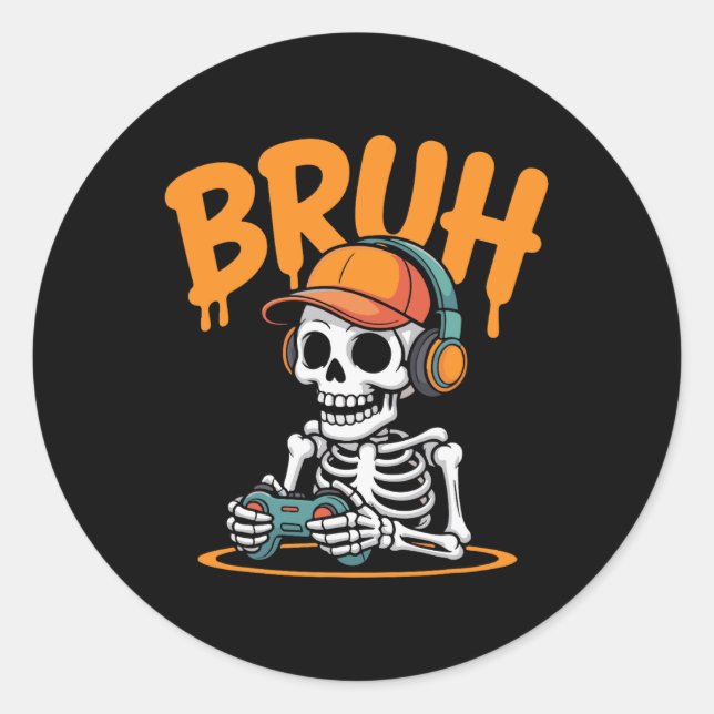 Bruh Halloween Boys Kids Gamer Mens Skeleton Video Classic Round Sticker (Front)