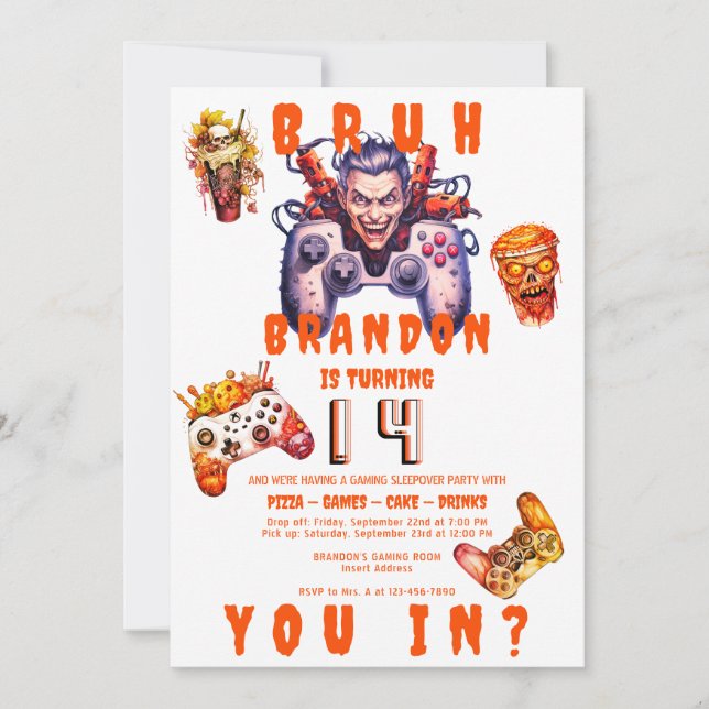BRUH Halloween Teen Birthday Video Game Sleepover Invitation (Front)