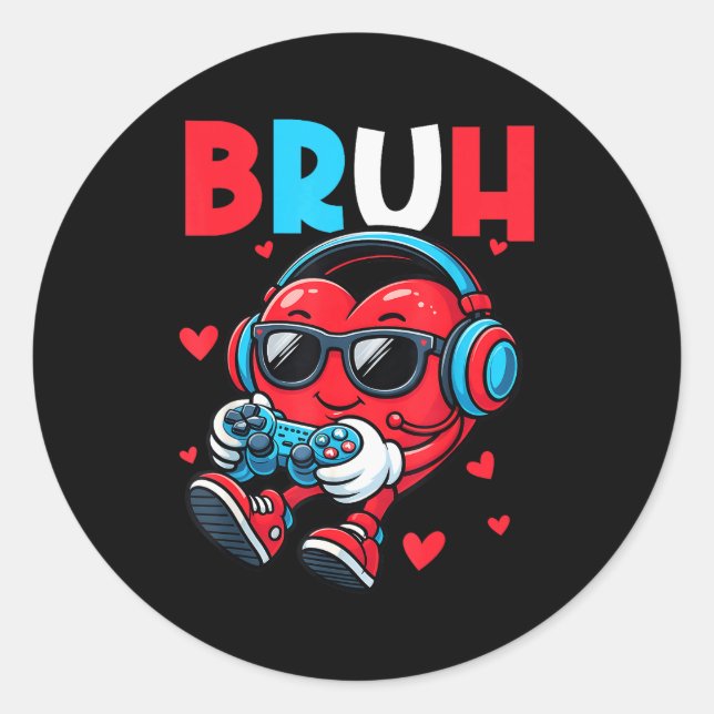 Bruh Heart Gamer Video Gaming Controller Valentine Classic Round Sticker (Front)