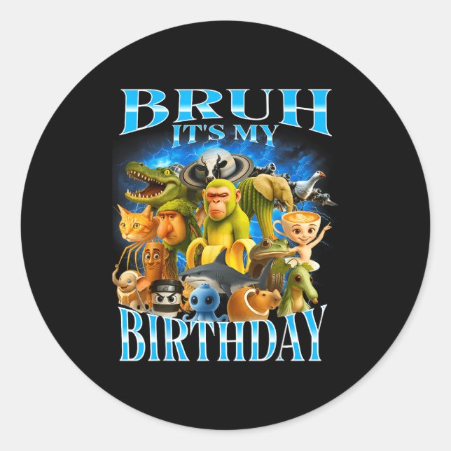Bruh It's My Birthday Funny Brainrot  Classic Round Sticker (Front)
