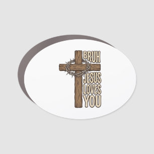 Bruh Jesus Loves You Cross Vintage Christian Vecto Car Magnet