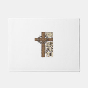 Bruh Jesus Loves You Cross Vintage Christian Vecto Doormat