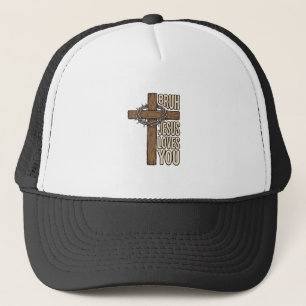 Bruh Jesus Loves You Cross Vintage Christian Vecto Trucker Hat