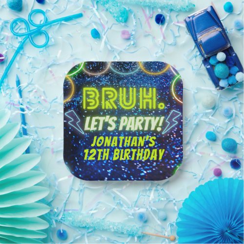 Bruh Lets Party Neon Glow Blue Green Birthday Paper Plates