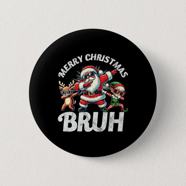 Bruh Meme Santa Dabbing Through The Snow Christmas Button (Front)