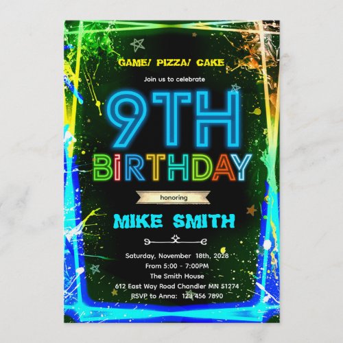 Bruh neon 9 birthday invitation