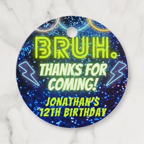 Bruh Neon Glow Blue Green Birthday Party Thank You Favor Tags