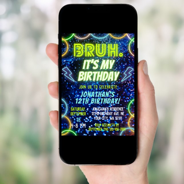 Bruh Neon Glow Blue Green Funny Boy Birthday Invitation (Front Digital)