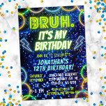 Bruh Neon Glow Blue Green Funny Boy Birthday Invitation<br><div class="desc">Introducing our "Bruh. It's my Birthday?" Boys Birthday Invitations – the ultimate choice for throwing a memorable and electrifying birthday party! Step into a world of vibrant colors and neon lights that will instantly set the tone for an epic celebration. Our invitations feature a mesmerizing neon glow lights design that...</div>