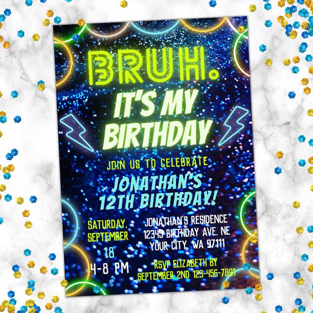 Bruh Neon Glow Blue Green Funny Boy Birthday Invitation (Creator Uploaded)