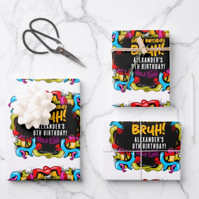 Bruh Neon Graffiti Hip Hop Street Art Birthday Wrapping Paper Sheets (Front)