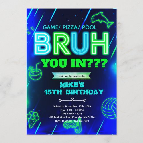 Bruh Neon pool Birthday Invitation