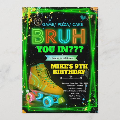 Bruh neon roller skate invitation 