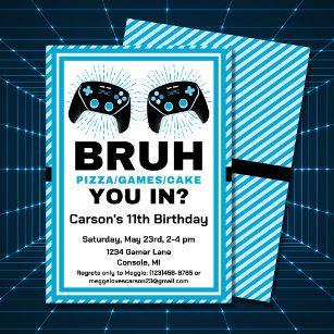 Bruh Personalized Gamer Pizza Party Birthday Invitation