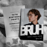 BRUH Photo Teenage Boy Birthday Party Invitation<br><div class="desc">Are you ready to celebrate your teenage sons birthday, then check out these cool current boy birthday invitations. Featuring a photo of your child, the slang word 'HEY BRUH' in a bold, modern typeface and the sentence 'music, food, drink, you in?'. On the reverse is a modern black and white...</div>