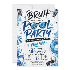 Bruh Pool Blue Watercolor Summer Swim Birthday Invitation