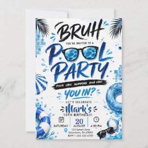 Bruh Pool Blue Watercolor Summer Swim Birthday Invitation