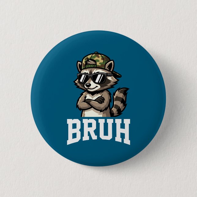 Bruh Raccoon Camo Hat Funny Youth Teens Kids Slang Button (Front)