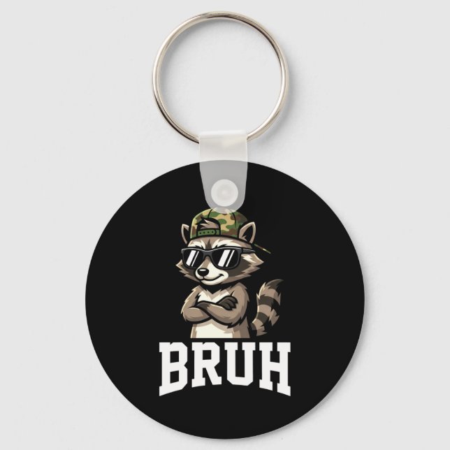 Bruh Raccoon Camo Hat Funny Youth Teens Kids Slang Keychain (Front)